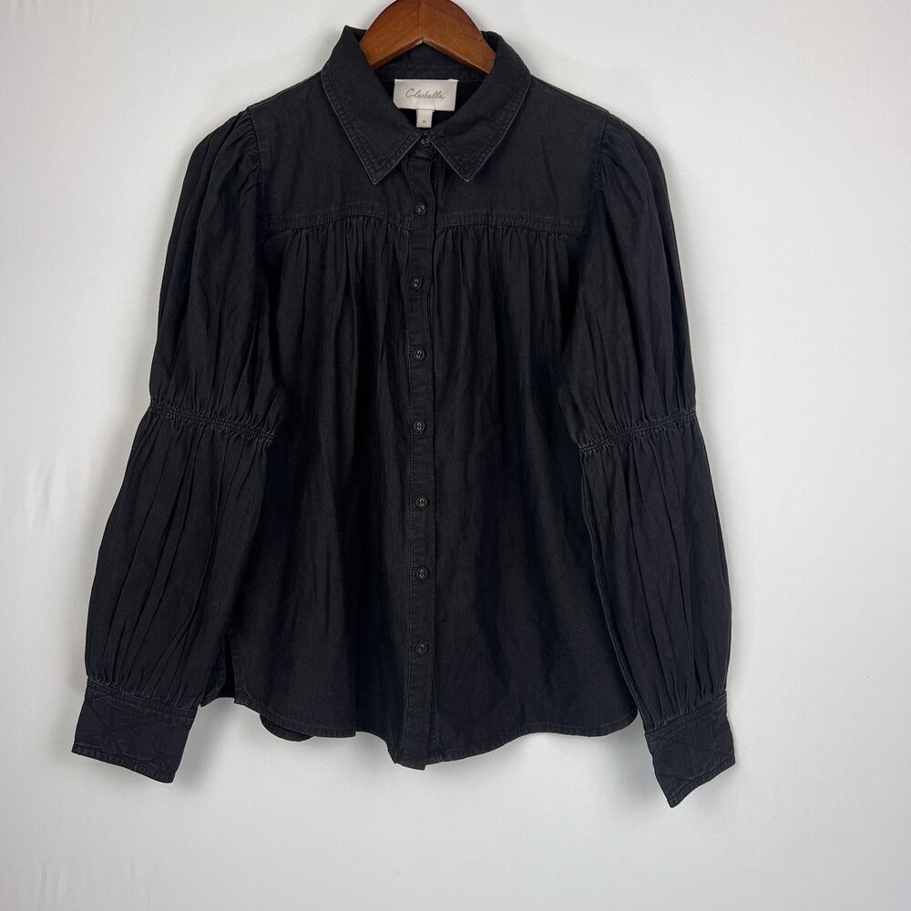 Cleobella Blakely Blouse M Black Puff Sleeve Button Down Boho Cotton Top - Picture 8 of 9